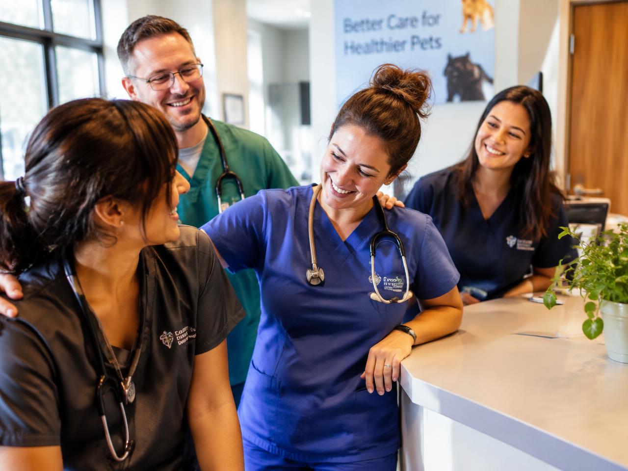Veterinary professionals smiling and supporting each other at a clinic reception desk